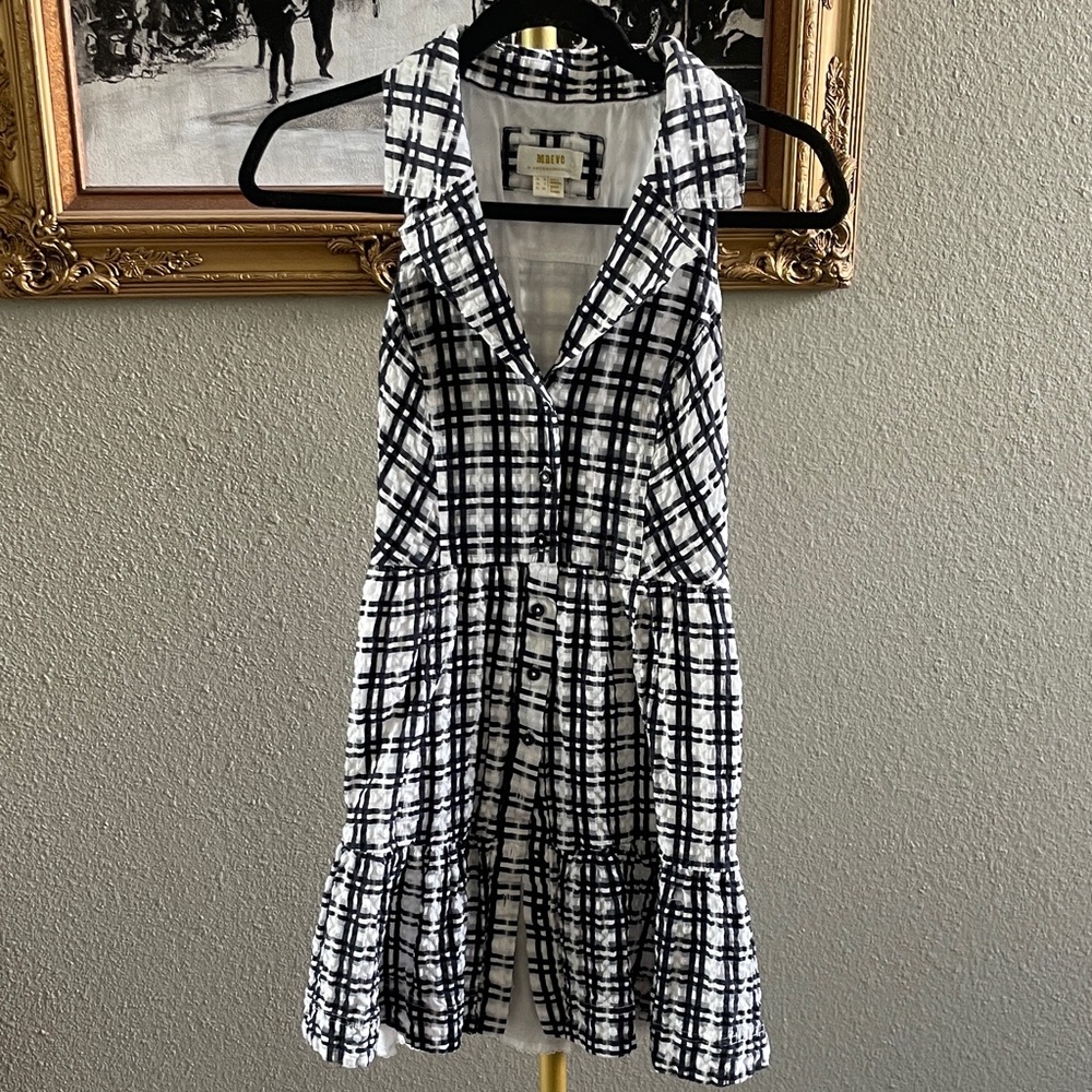 Anthropologie Black & White Plaid Sleeveless Collared Mini Dress